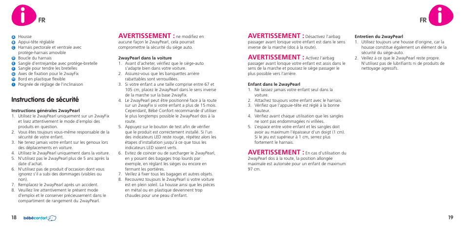 Fr avertissement, Avertissement, Instructions de sécurité | Bebe Confort 2wayPearl User Manual | Page 10 / 35