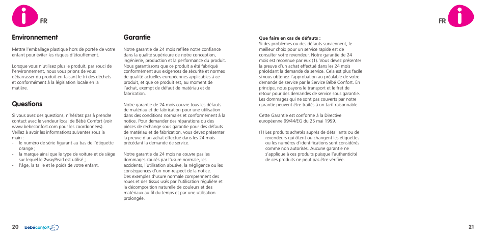 Environnement, Questions, Garantie | Bebe Confort 2wayPearl User Manual | Page 11 / 35