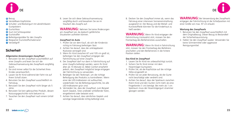 Warnung, Sicherheit | Bebe Confort 2wayPearl User Manual | Page 12 / 35