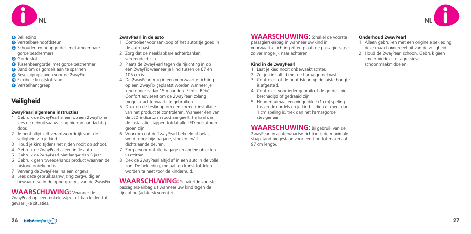 Nl waarschuwing, Waarschuwing, Veiligheid | Bebe Confort 2wayPearl User Manual | Page 14 / 35