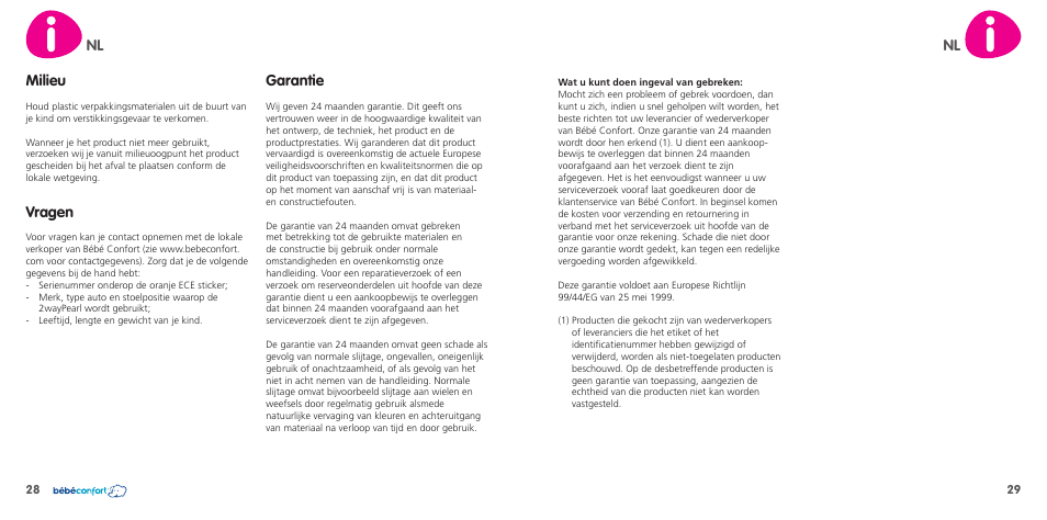 Nl milieu, Vragen, Garantie | Bebe Confort 2wayPearl User Manual | Page 15 / 35
