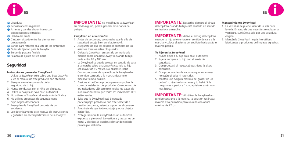 Es importante, Importante, Seguridad | Bebe Confort 2wayPearl User Manual | Page 16 / 35