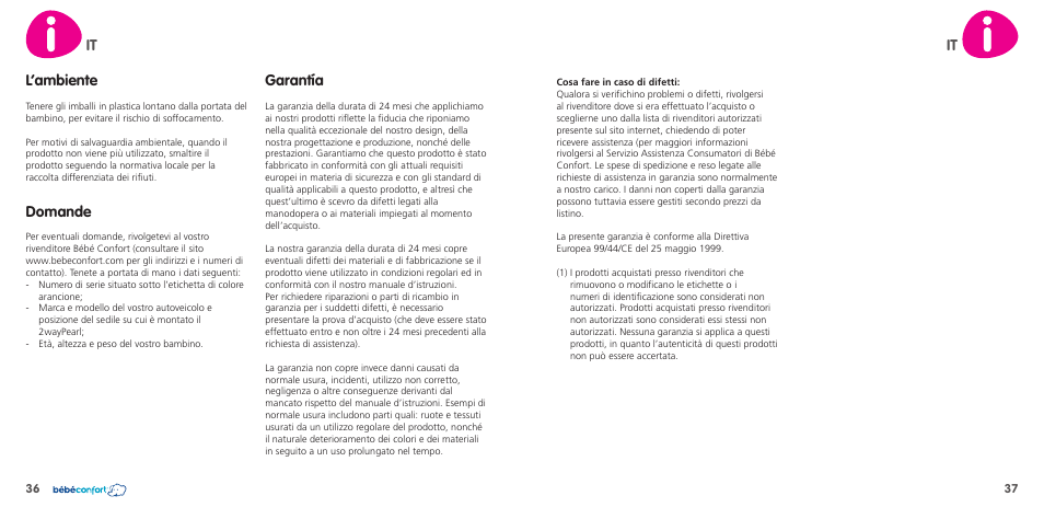 It l’ambiente, Domande, Garantía | Bebe Confort 2wayPearl User Manual | Page 19 / 35