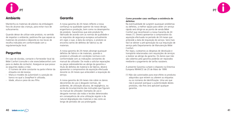 Pt ambiente, Perguntas, Garantia | Bebe Confort 2wayPearl User Manual | Page 21 / 35