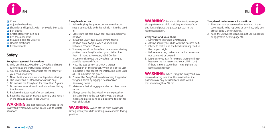 En warning, Warning, Safety | Bebe Confort 2wayPearl User Manual | Page 8 / 35