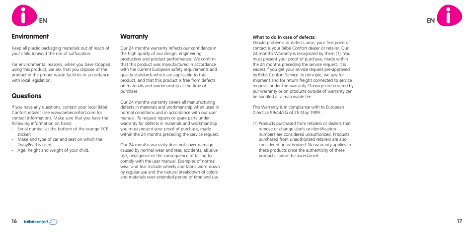 En environment, Questions, Warranty | Bebe Confort 2wayPearl User Manual | Page 9 / 35