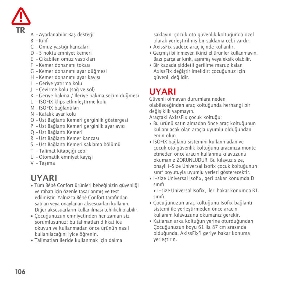 Uyari | Bebe Confort AxissFix User Manual | Page 104 / 118