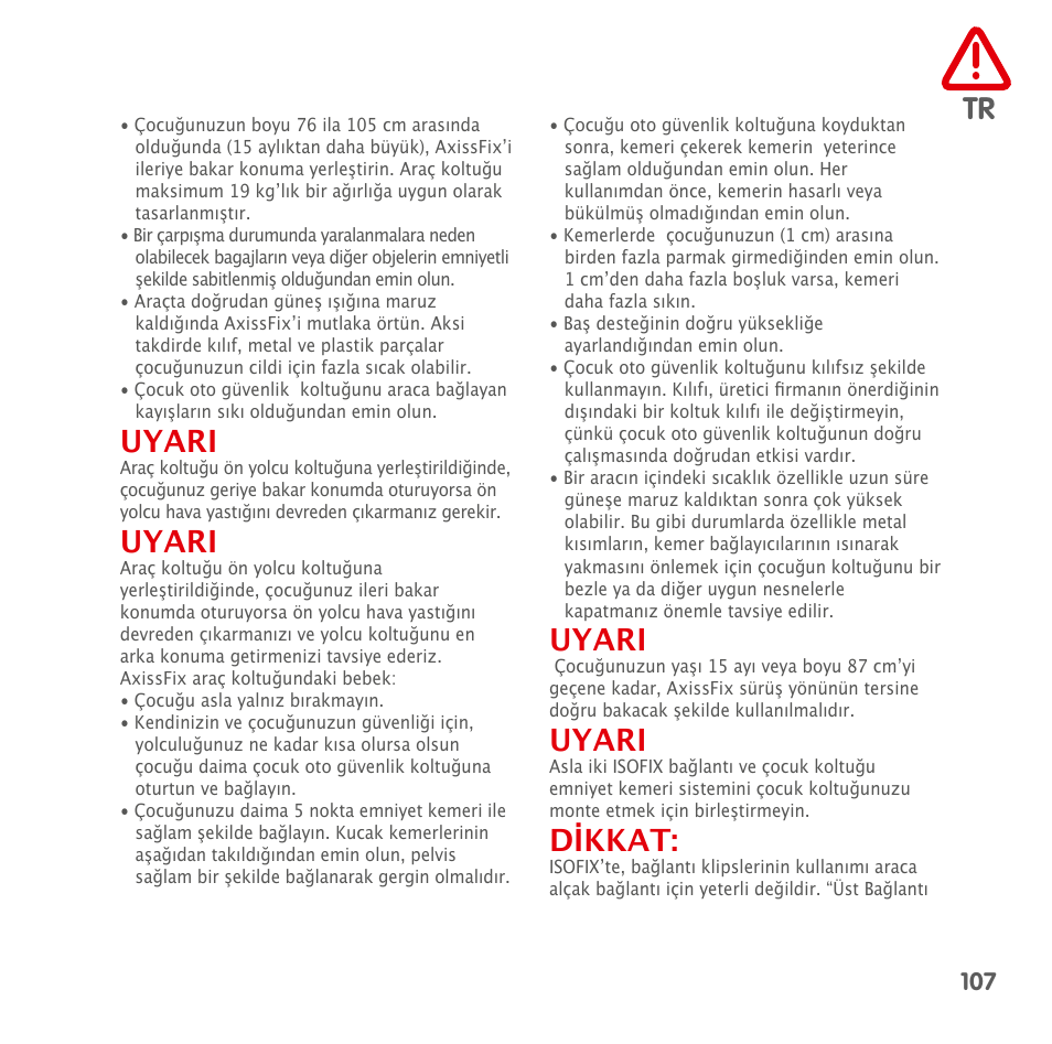 Uyari, Dikkat | Bebe Confort AxissFix User Manual | Page 105 / 118