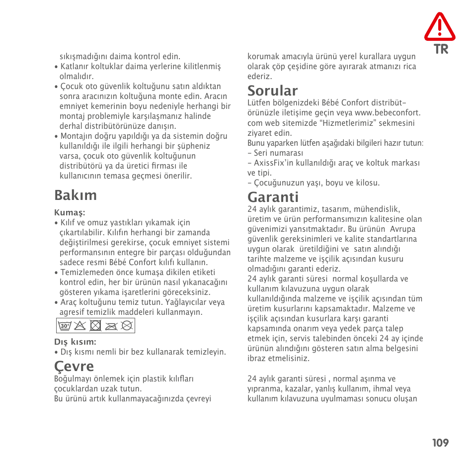 Bakım, Çevre, Sorular | Garanti | Bebe Confort AxissFix User Manual | Page 107 / 118