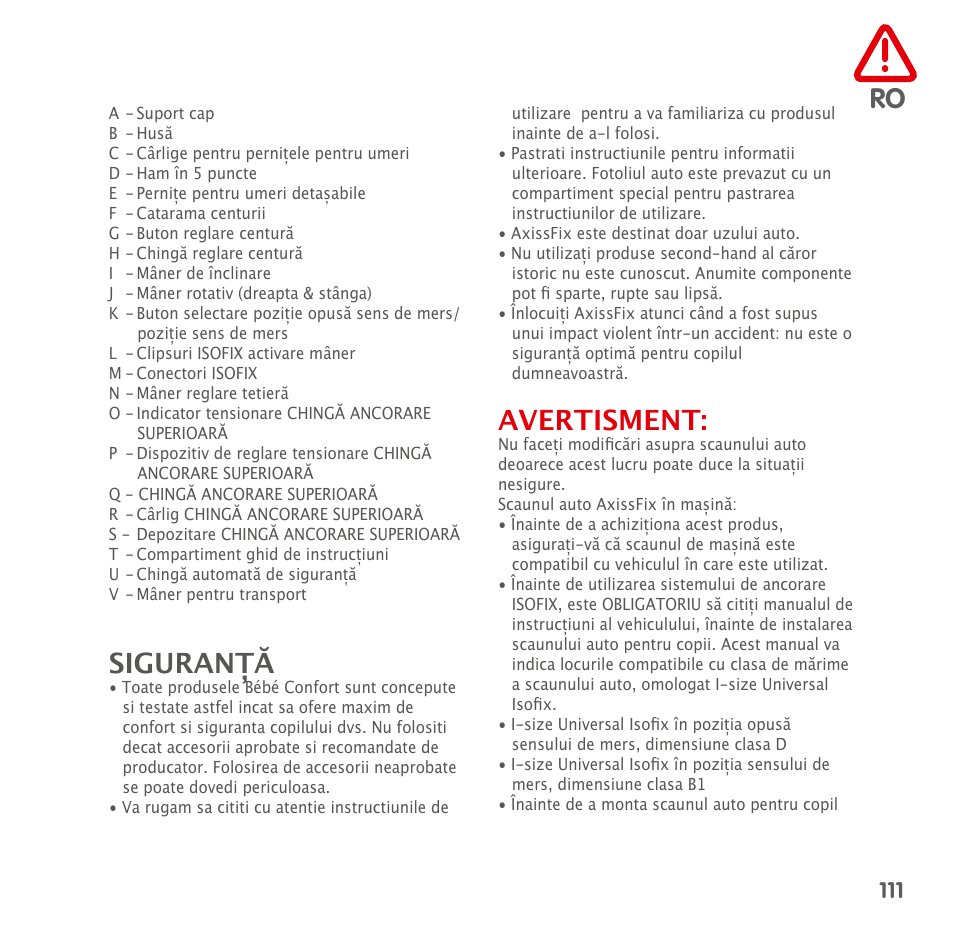Siguranță, Avertisment | Bebe Confort AxissFix User Manual | Page 109 / 118