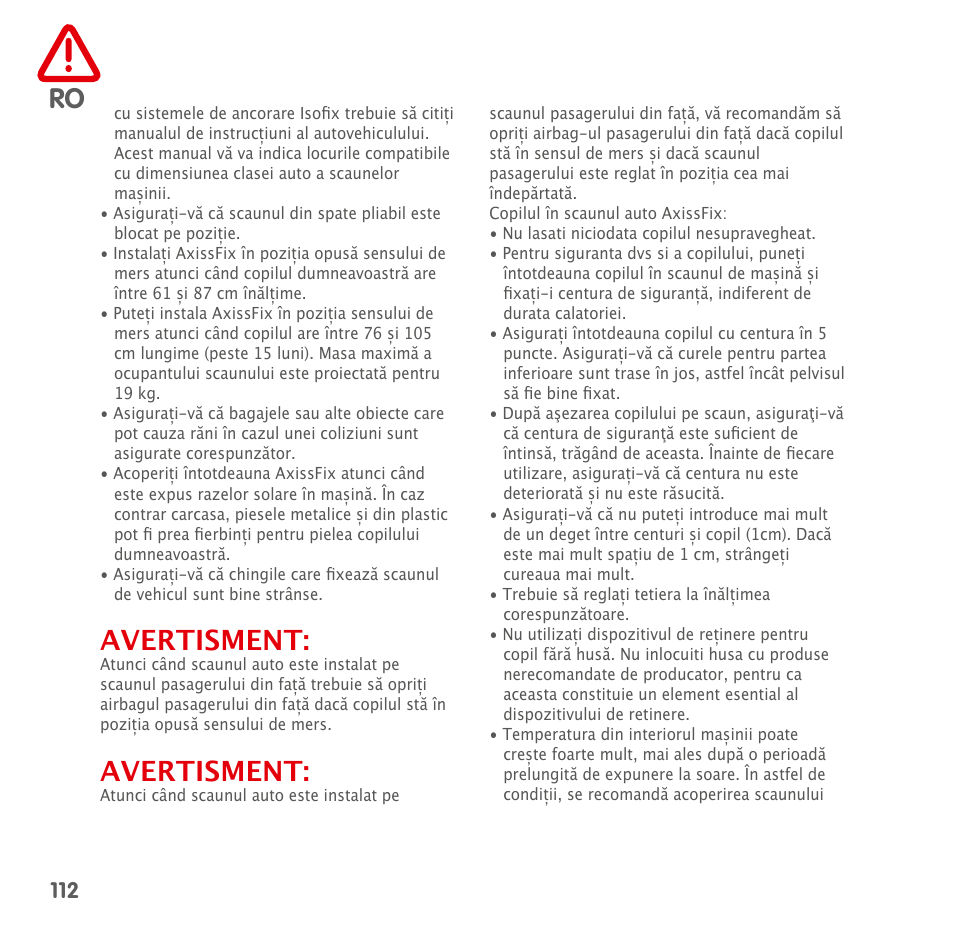 Avertisment | Bebe Confort AxissFix User Manual | Page 110 / 118