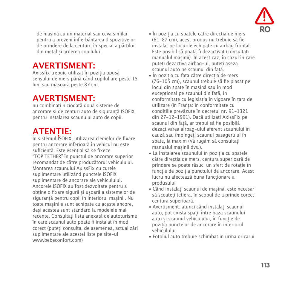 Avertisment, Atenție | Bebe Confort AxissFix User Manual | Page 111 / 118