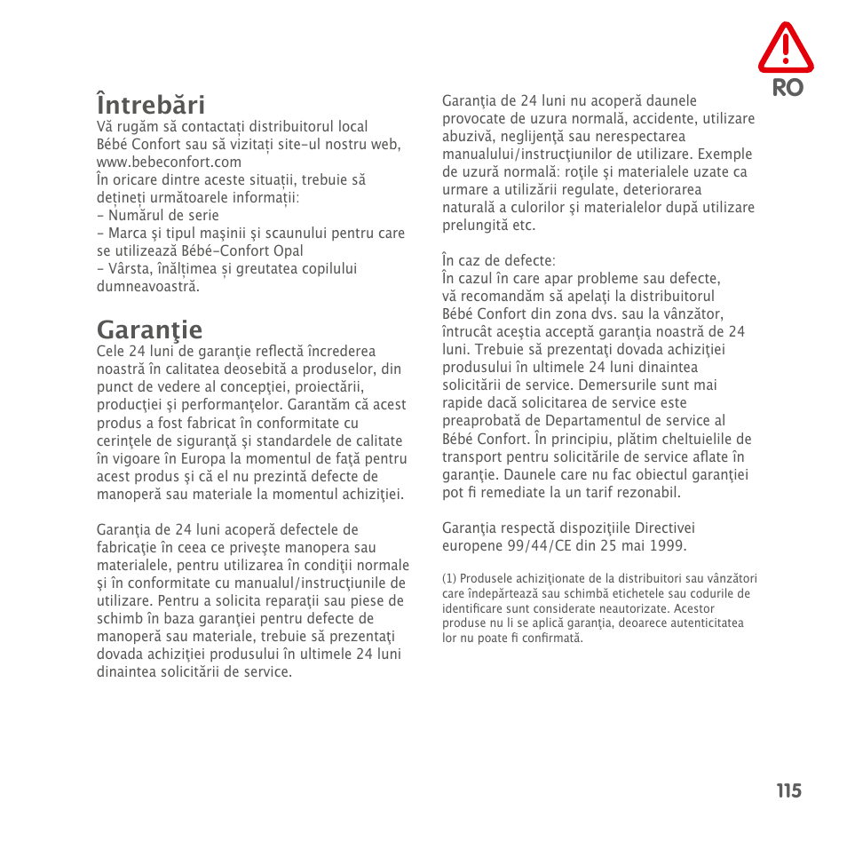 Ro întrebări, Garanţie | Bebe Confort AxissFix User Manual | Page 113 / 118
