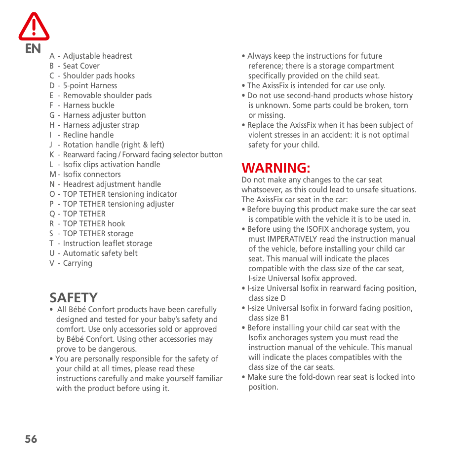 Safety, Warning | Bebe Confort AxissFix User Manual | Page 54 / 118