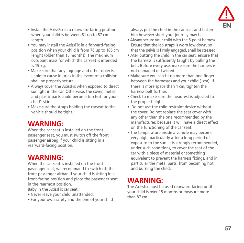 Warning | Bebe Confort AxissFix User Manual | Page 55 / 118