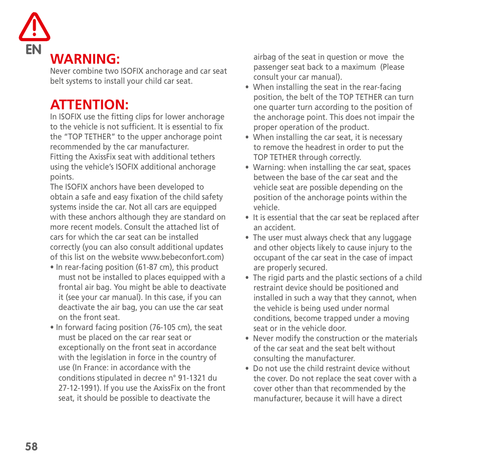 Warning, Attention | Bebe Confort AxissFix User Manual | Page 56 / 118