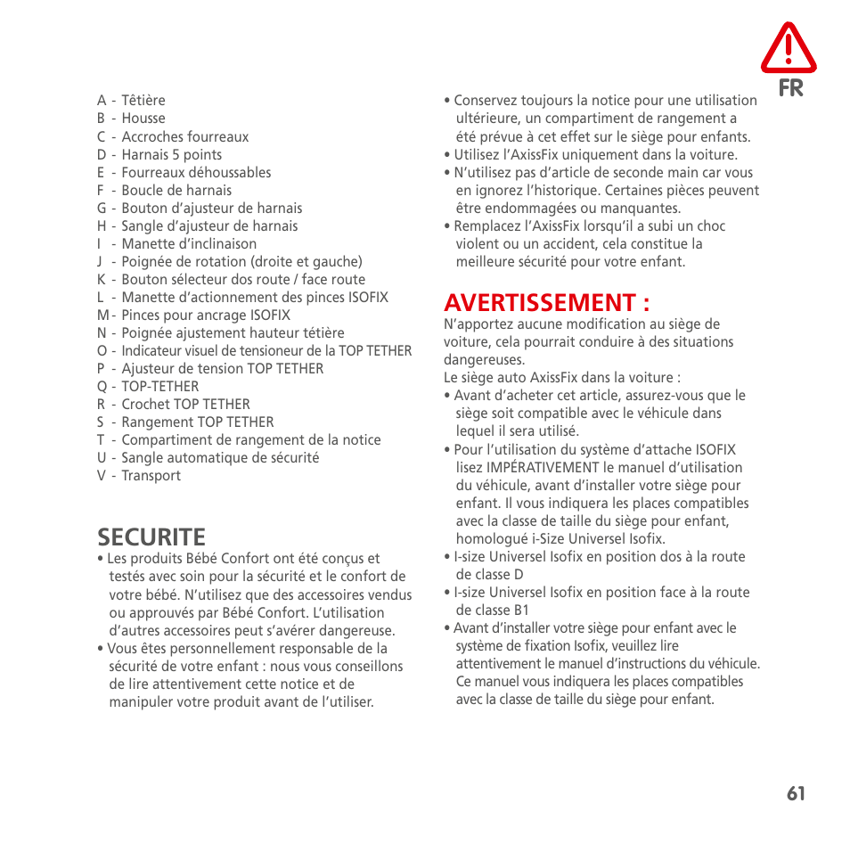 Securite, Avertissement | Bebe Confort AxissFix User Manual | Page 59 / 118