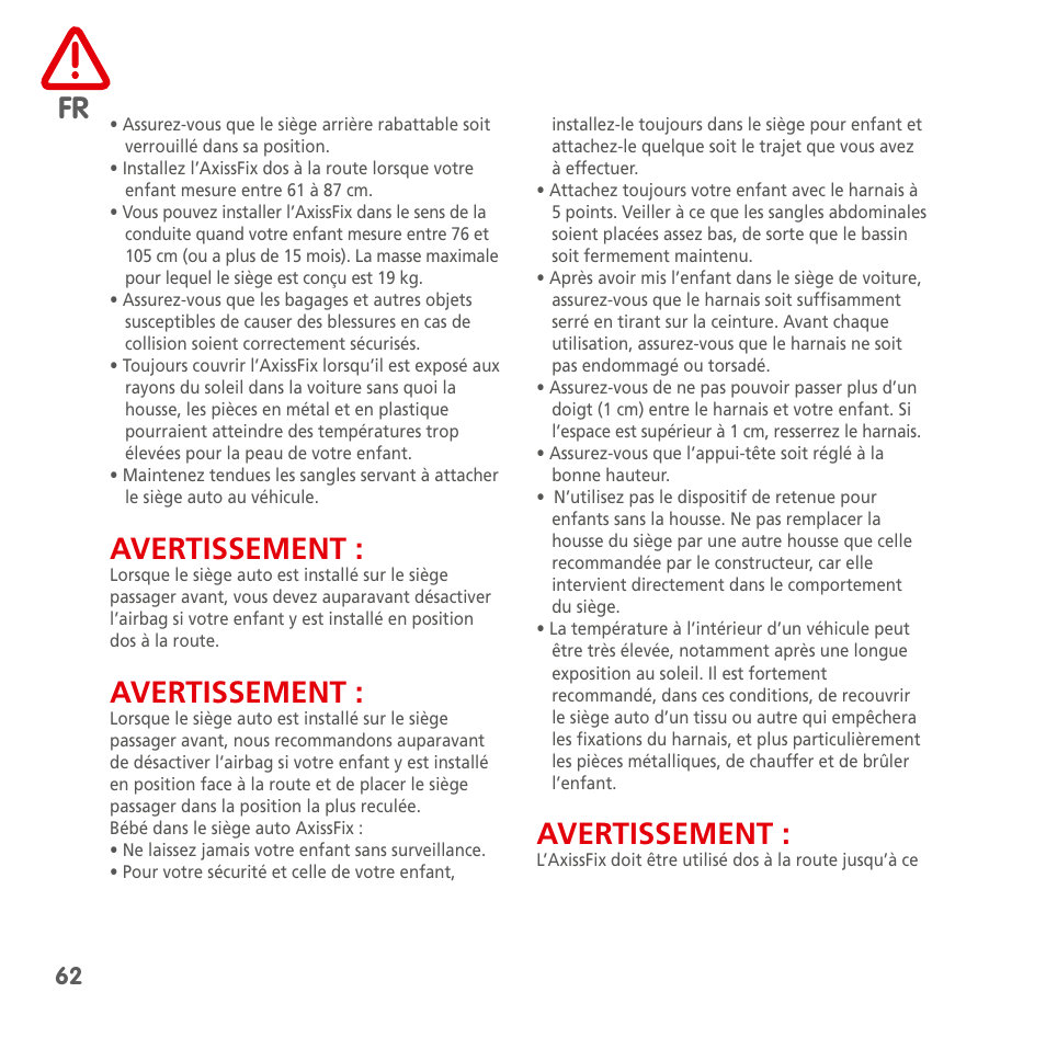 Avertissement | Bebe Confort AxissFix User Manual | Page 60 / 118