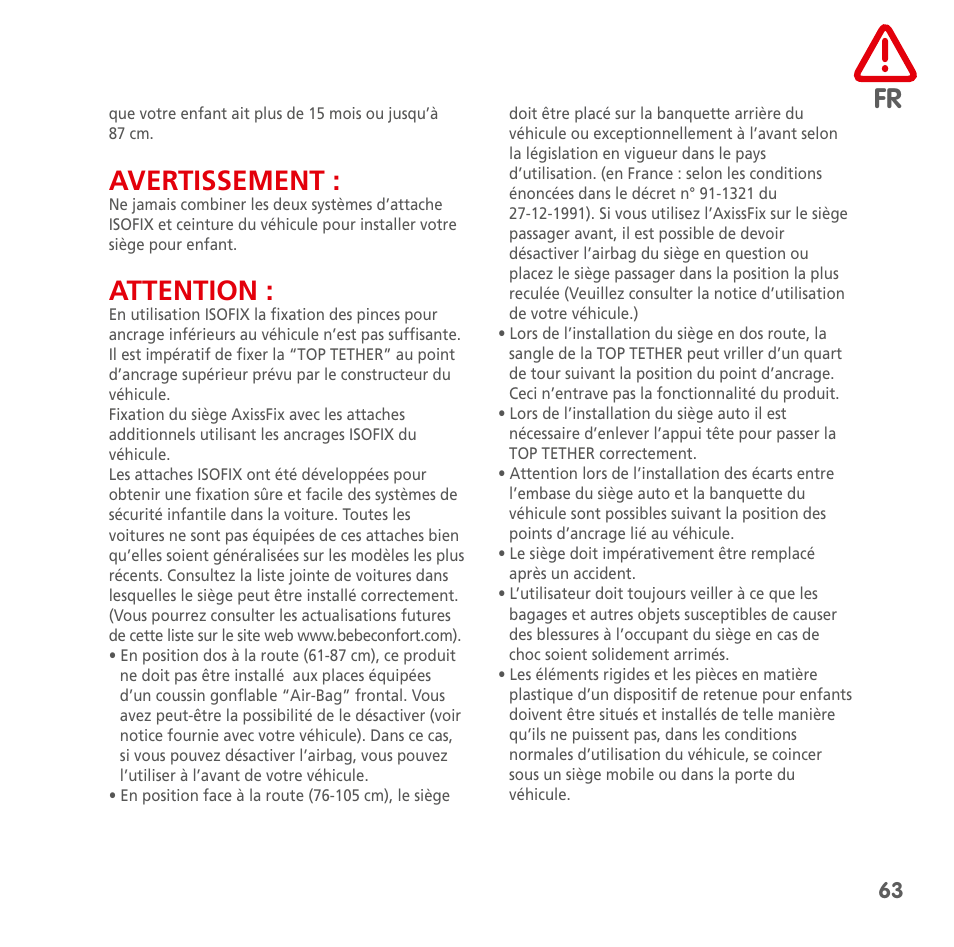 Avertissement, Attention | Bebe Confort AxissFix User Manual | Page 61 / 118