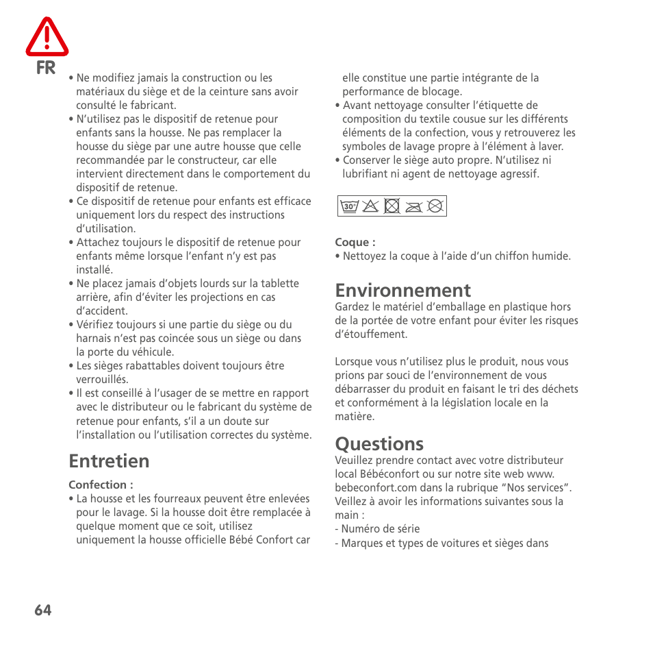 Entretien, Environnement, Questions | Bebe Confort AxissFix User Manual | Page 62 / 118