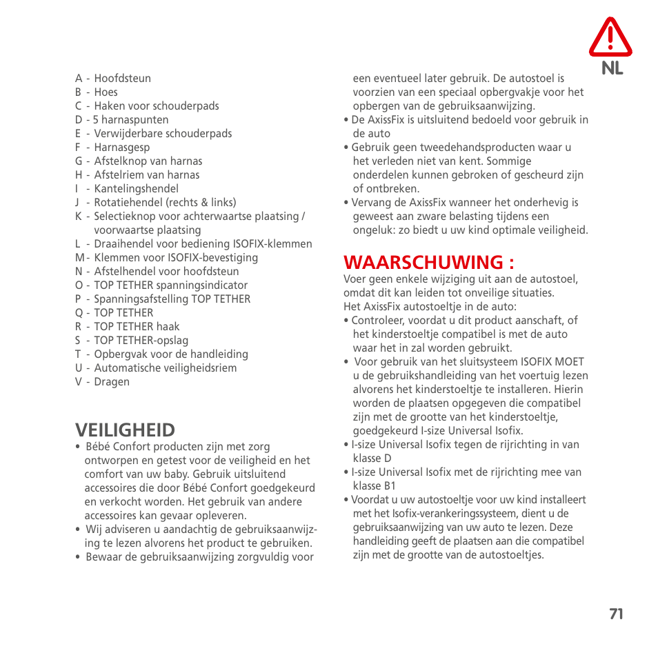 Veiligheid, Waarschuwing | Bebe Confort AxissFix User Manual | Page 69 / 118