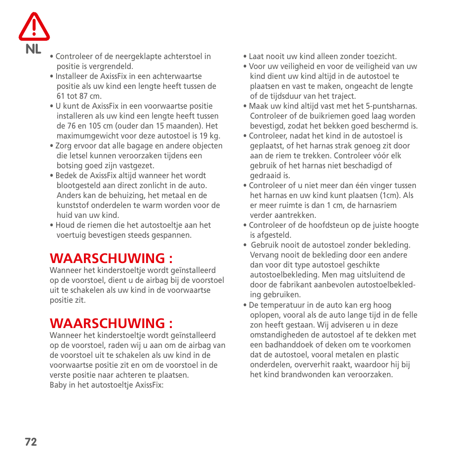 Waarschuwing | Bebe Confort AxissFix User Manual | Page 70 / 118