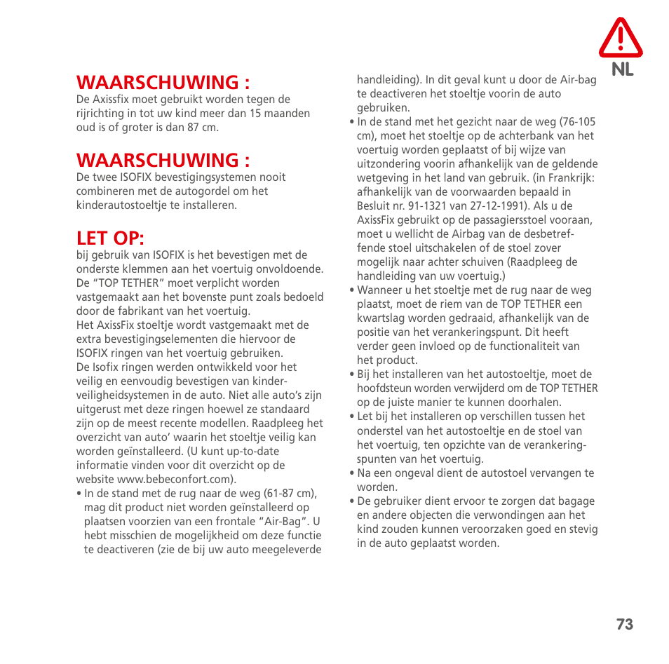 Nl waarschuwing, Waarschuwing, Let op | Bebe Confort AxissFix User Manual | Page 71 / 118