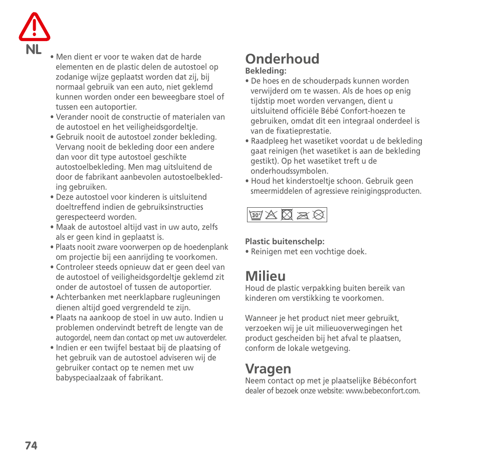 Onderhoud, Milieu, Vragen | Bebe Confort AxissFix User Manual | Page 72 / 118