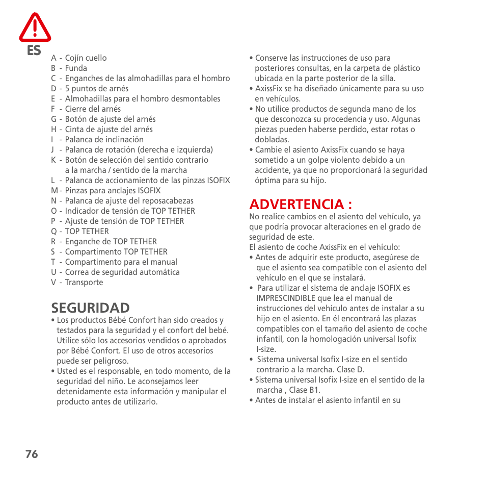 Seguridad, Advertencia | Bebe Confort AxissFix User Manual | Page 74 / 118