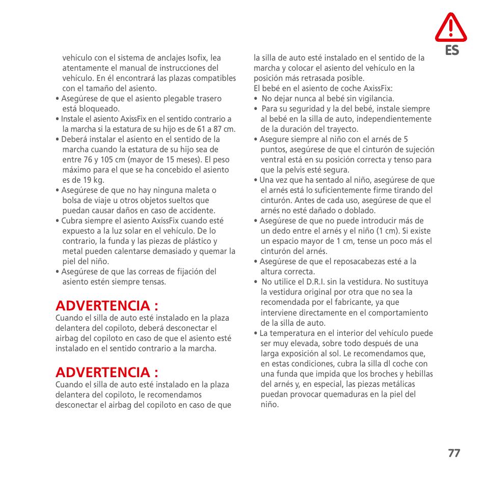 Advertencia | Bebe Confort AxissFix User Manual | Page 75 / 118