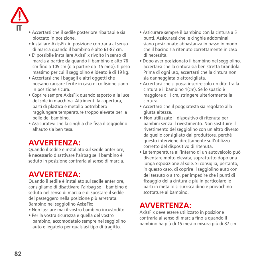 Avvertenza | Bebe Confort AxissFix User Manual | Page 80 / 118