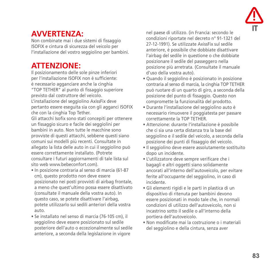 It avvertenza, Attenzione | Bebe Confort AxissFix User Manual | Page 81 / 118