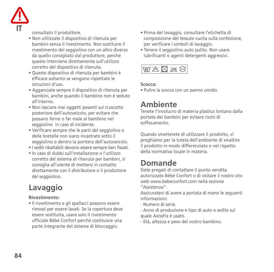 Lavaggio, Ambiente, Domande | Bebe Confort AxissFix User Manual | Page 82 / 118