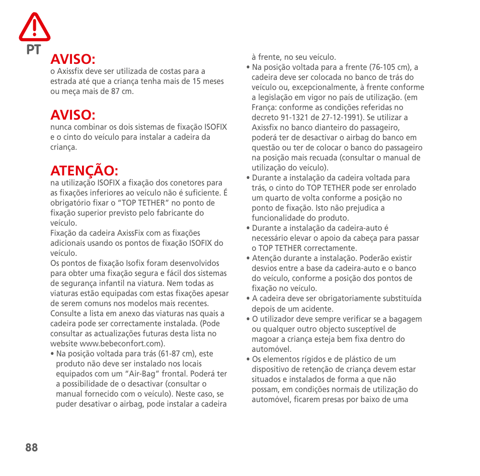 Pt aviso, Aviso, Atenção | Bebe Confort AxissFix User Manual | Page 86 / 118