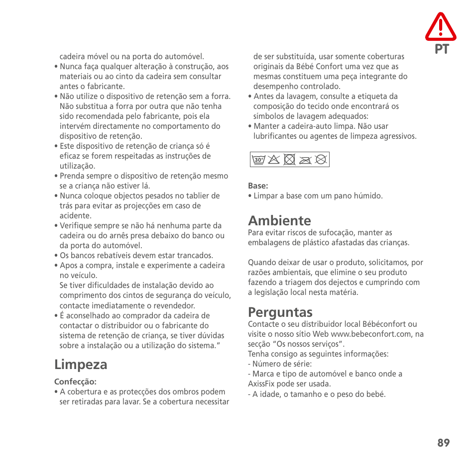 Limpeza, Ambiente, Perguntas | Bebe Confort AxissFix User Manual | Page 87 / 118