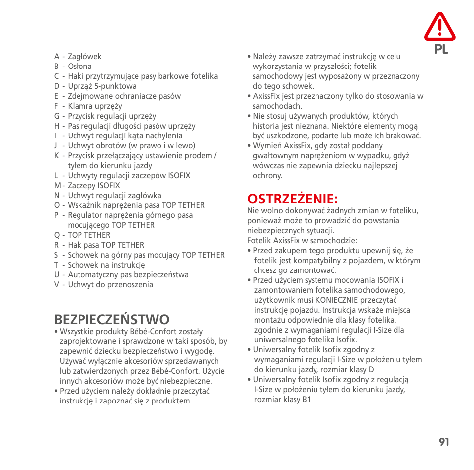 Bezpieczeństwo, Ostrzeżenie | Bebe Confort AxissFix User Manual | Page 89 / 118