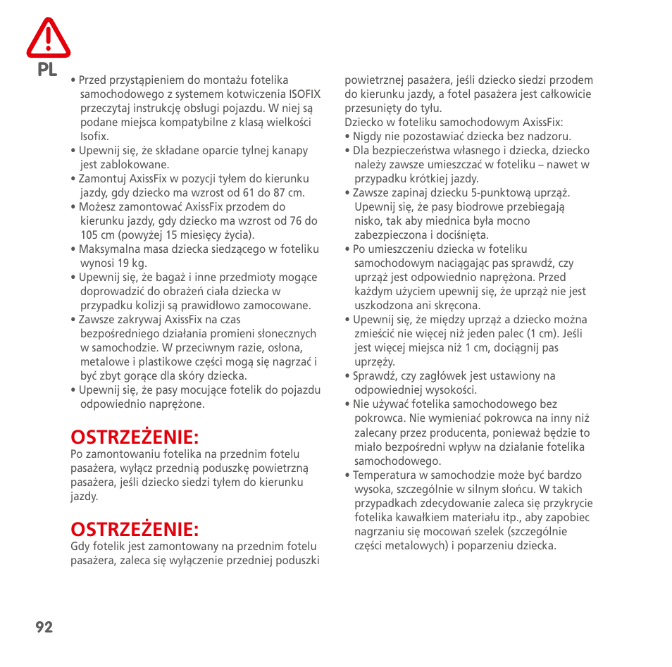 Ostrzeżenie | Bebe Confort AxissFix User Manual | Page 90 / 118