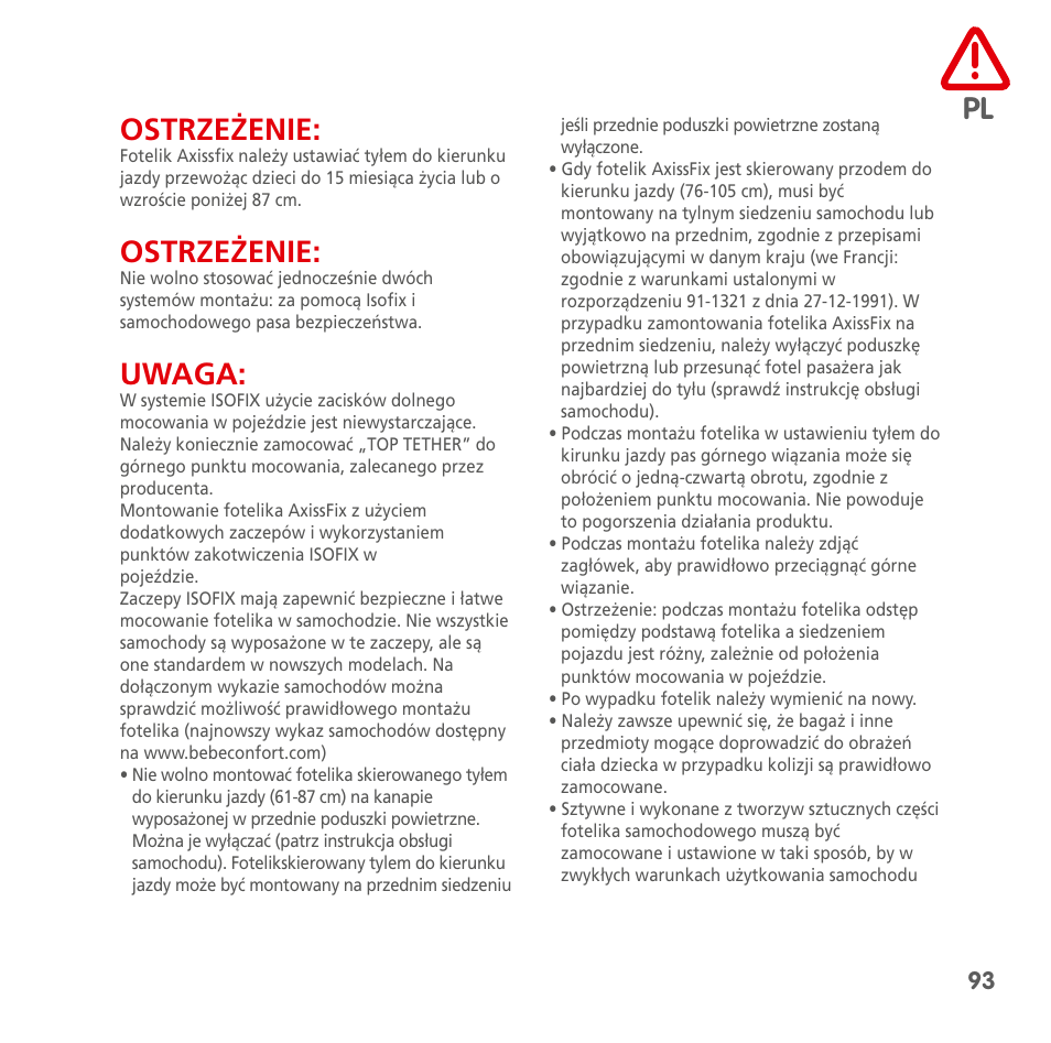 Pl ostrzeżenie, Ostrzeżenie, Uwaga | Bebe Confort AxissFix User Manual | Page 91 / 118