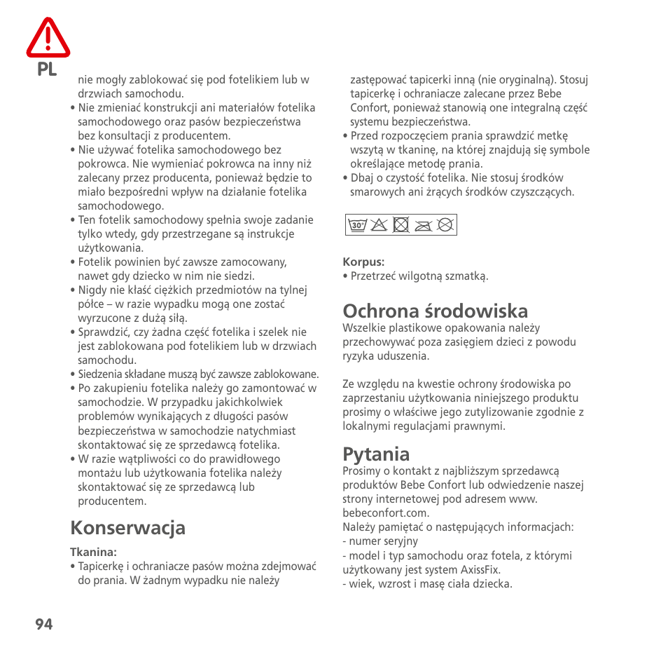 Konserwacja, Ochrona środowiska, Pytania | Bebe Confort AxissFix User Manual | Page 92 / 118