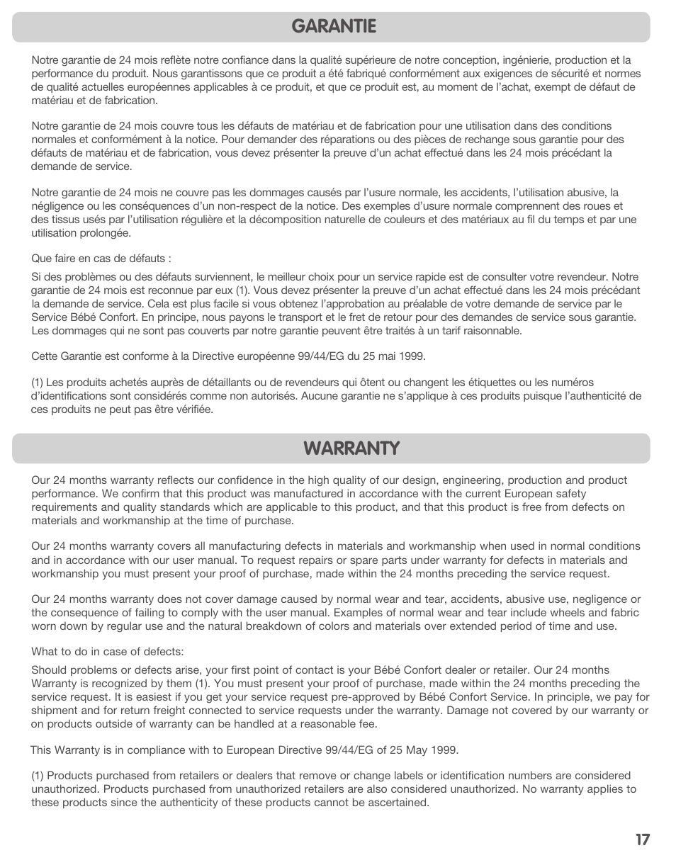 Garantie warranty | Bebe Confort Axiss User Manual | Page 17 / 36