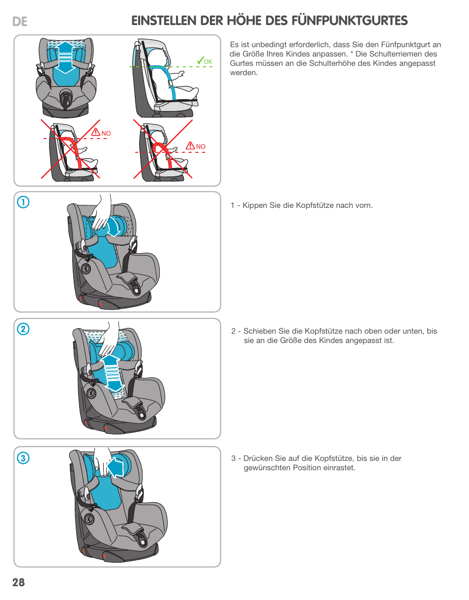 Einstellen der höhe des fünfpunktgurtes de | Bebe Confort Axiss User Manual | Page 28 / 36