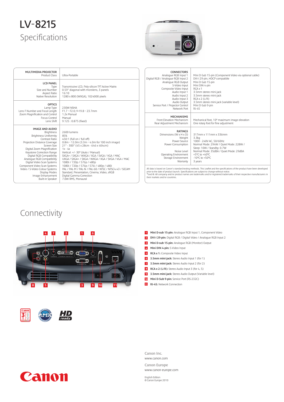 Specifications, Connectivity | Canon Multimedia Projector LV-8215 User Manual | Page 2 / 2