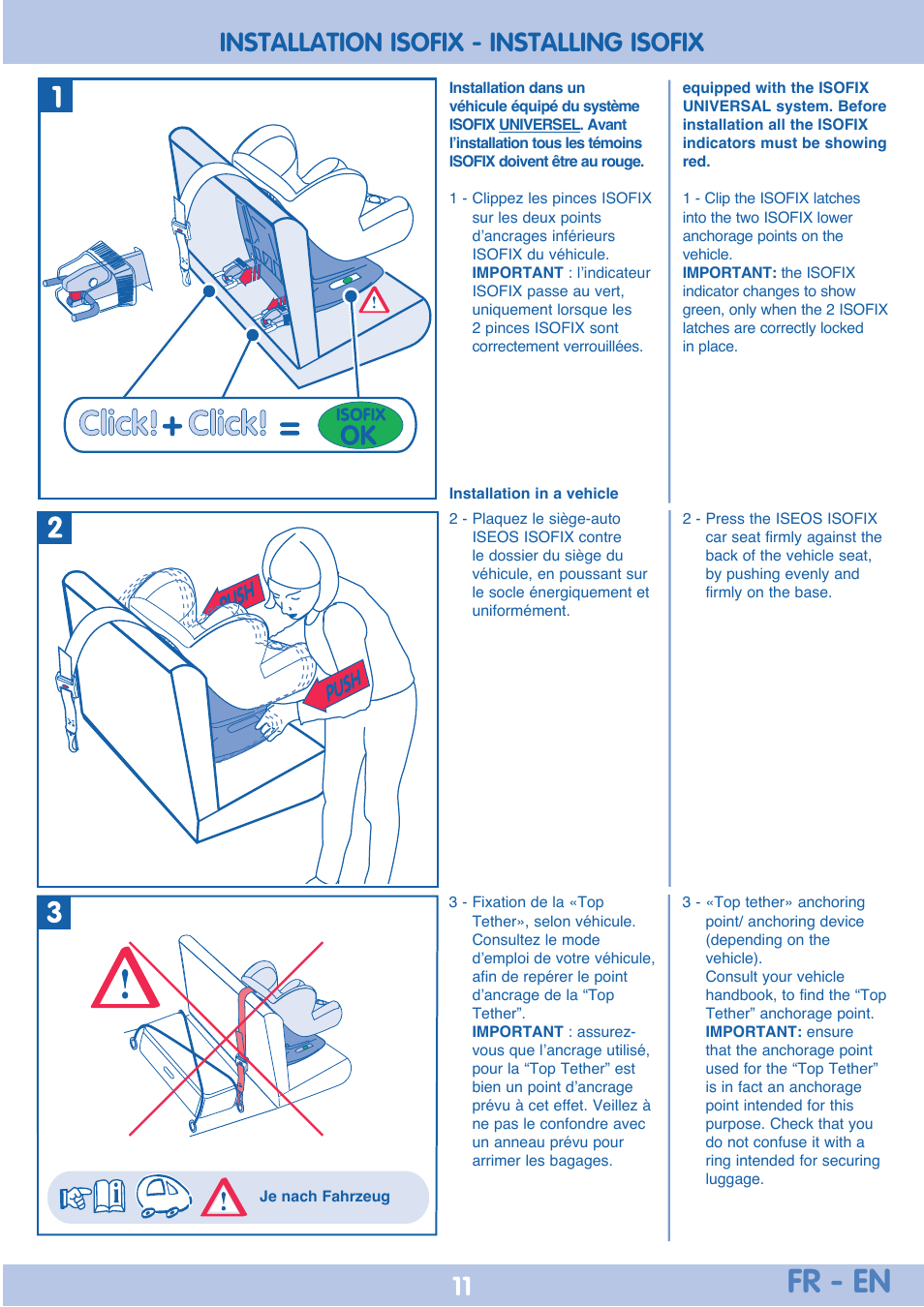 Fr - en, Installation isofix - installing isofix 11 | Bebe Confort Iseos IsoFix User Manual | Page 11 / 40