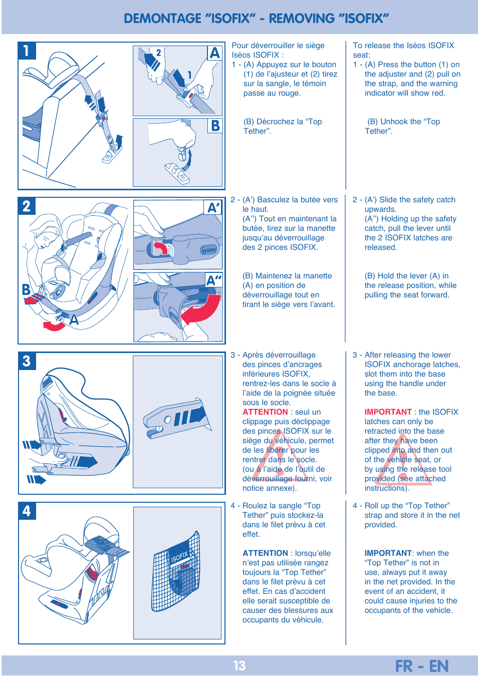 Fr - en, Demontage “isofix” - removing “isofix” 13 | Bebe Confort Iseos IsoFix User Manual | Page 13 / 40