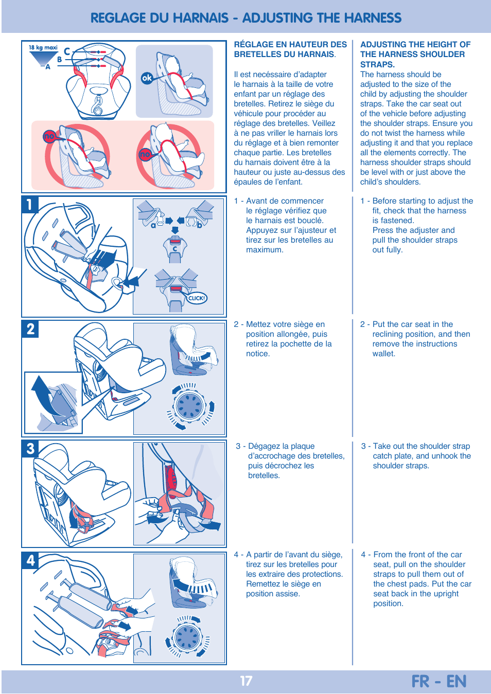 Fr - en, Reglage du harnais - adjusting the harness 17 | Bebe Confort Iseos IsoFix User Manual | Page 17 / 40