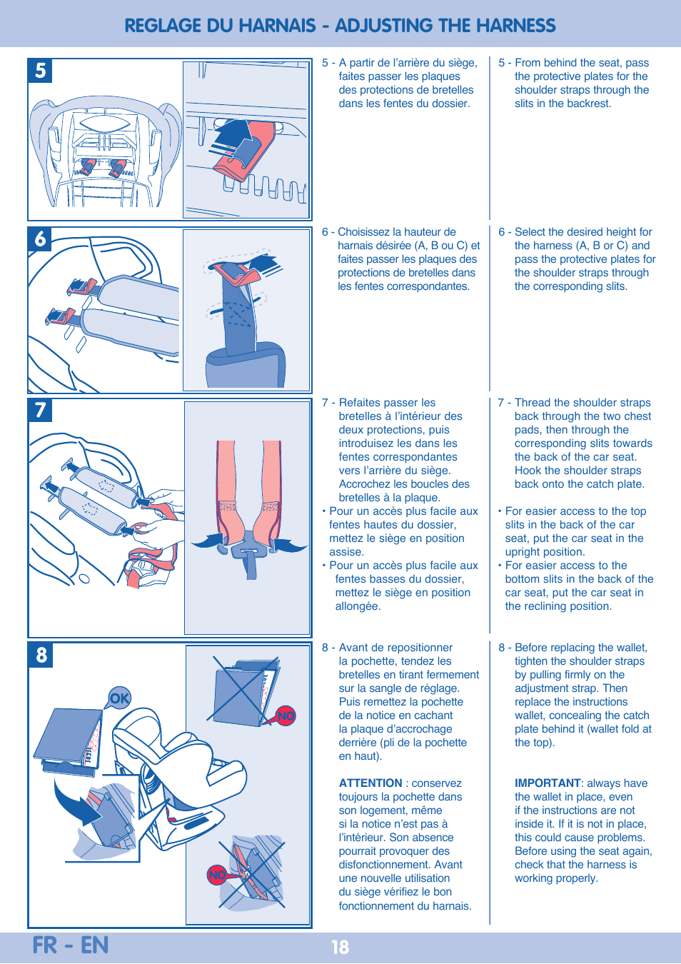 Fr - en, Reglage du harnais - adjusting the harness 18 | Bebe Confort Iseos IsoFix User Manual | Page 18 / 40