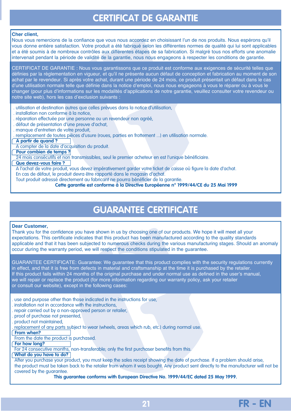 Fr - en, Certificat de garantie guarantee certificate | Bebe Confort Iseos IsoFix User Manual | Page 21 / 40