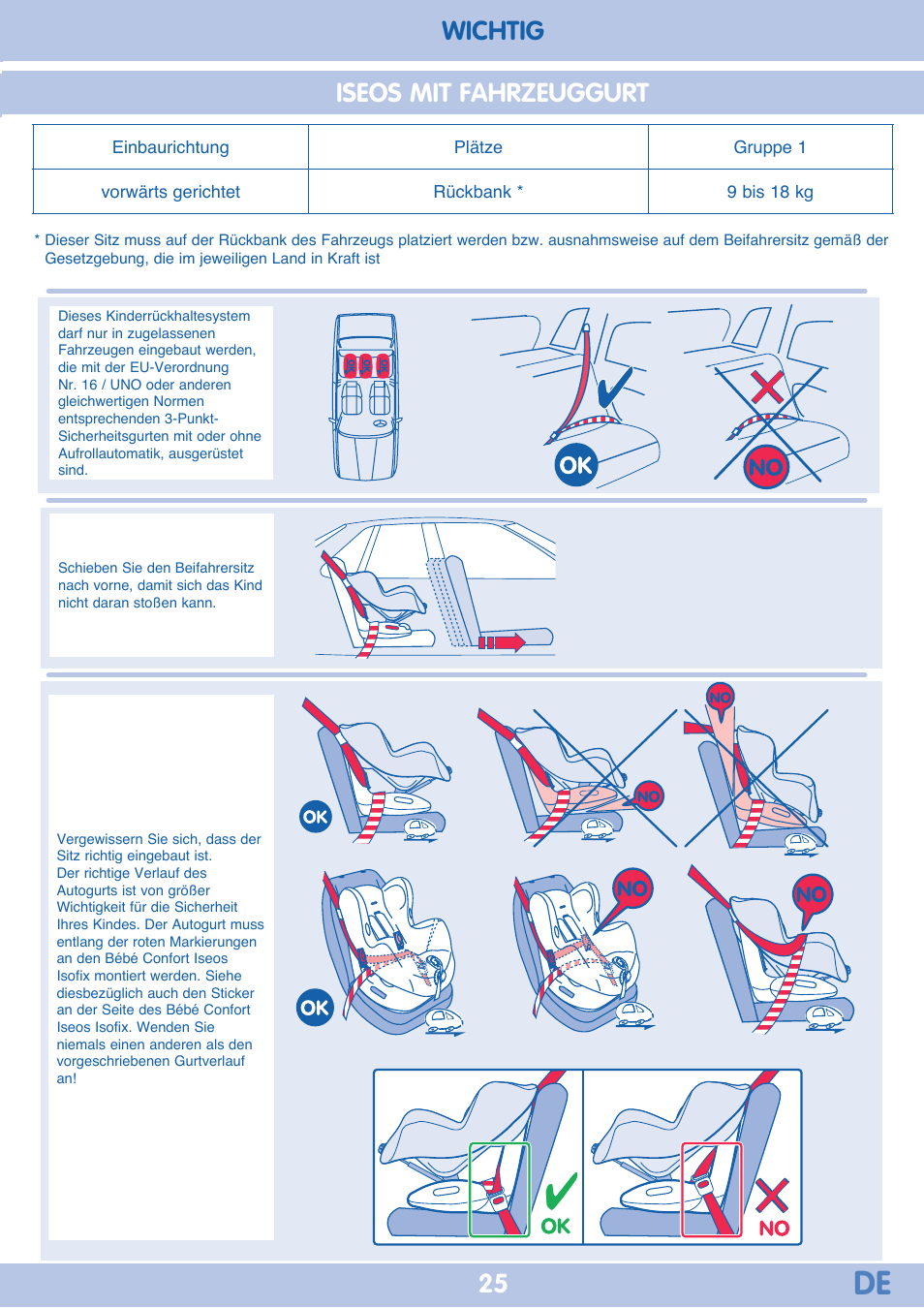 Iseos mit fahrzeuggurt, Wichtig | Bebe Confort Iseos IsoFix User Manual | Page 25 / 40