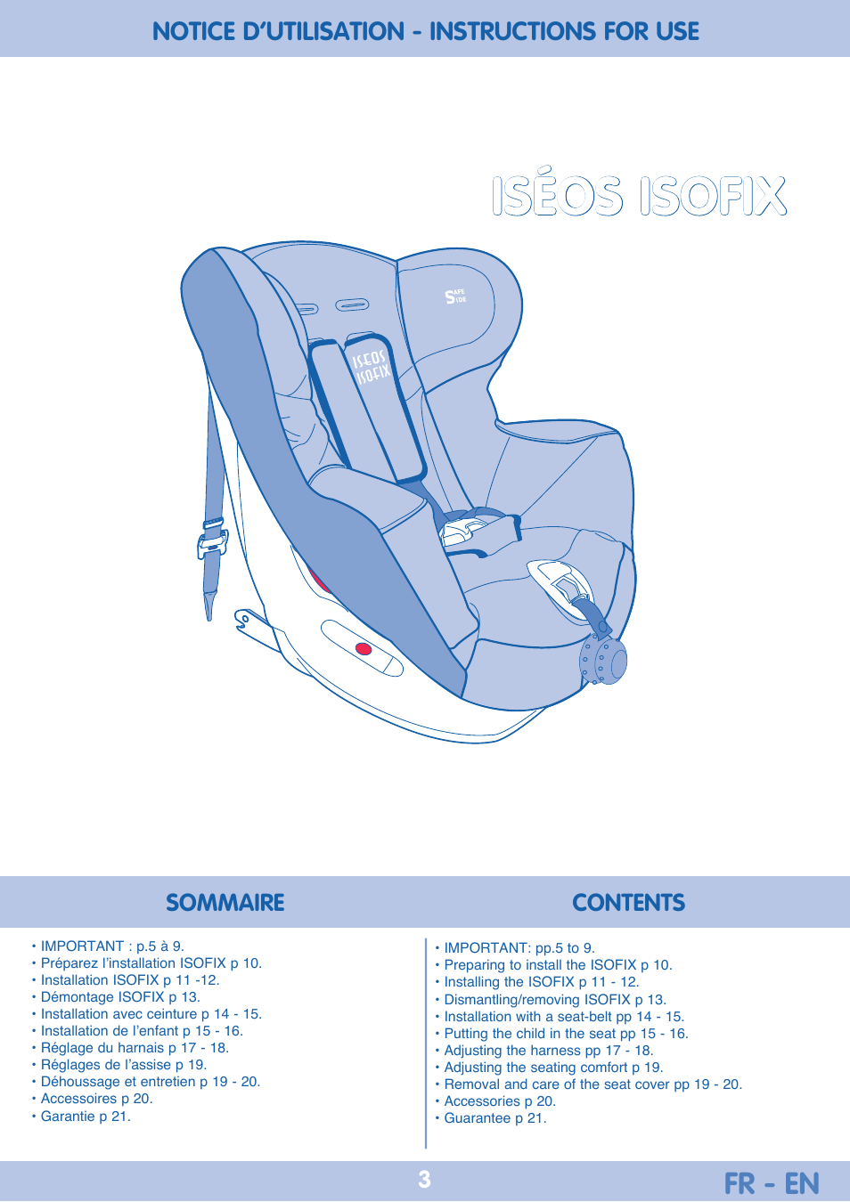 Iséos isofix, Fr - en, Notice d’utilisation - instructions for use | Sommaire, Contents 3 | Bebe Confort Iseos IsoFix User Manual | Page 3 / 40