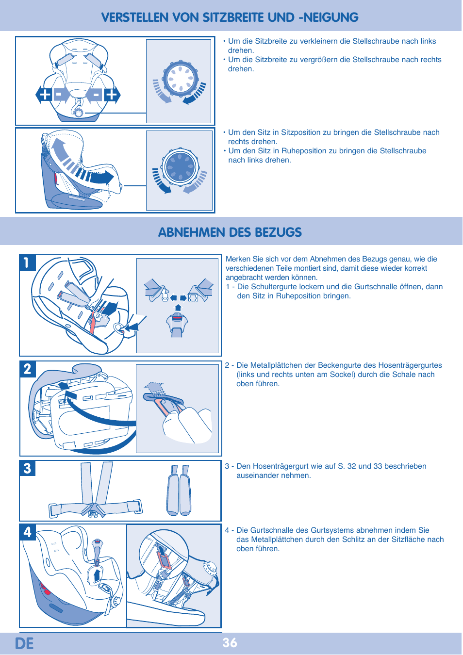 Verstellen von sitzbreite und -neigung, Abnehmen des bezugs | Bebe Confort Iseos IsoFix User Manual | Page 36 / 40